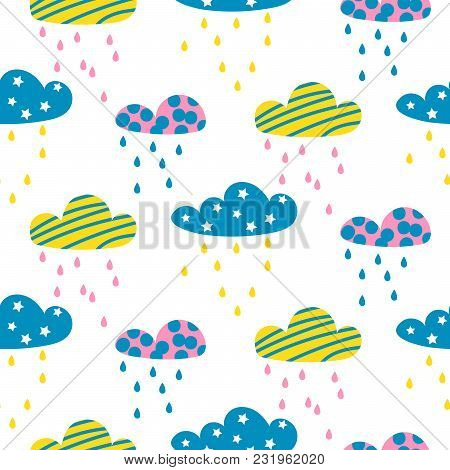 Rainy Clouds Seamless Vector Pattern. Bright Childish Style Sky Background Texture For Print.