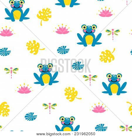 Cute Blue Frogs Seamless Vector Pattern. Pond Life Repat Texture.