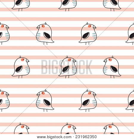 Little Birds Stripe Seamless Vector Pattern. Cute Kids Animal Repeat Background For Textile Print.