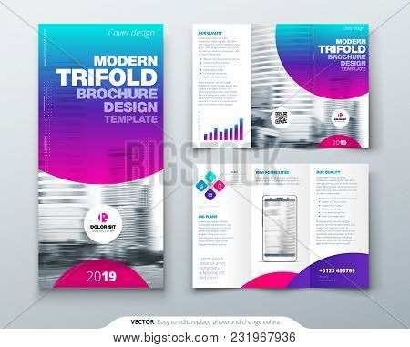 Tri Fold Brochure Design. Cool Business Template For Tri Fold Flyer. Layout With Modern Circle Photo