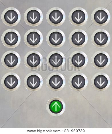 Elevator Button In Different Direction But Only On Button In Green Light Point Up On Stanless Plate.