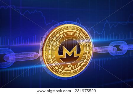 Crypto Currency. Block Chain. Monero. 3d Isometric Physical Golden Monero Coin With Wireframe Chain.