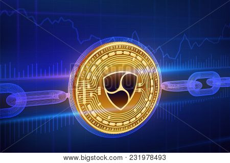Crypto Currency. Block Chain. Nem. 3d Isometric Physical Golden Nem Coin With Wireframe Chain. Block