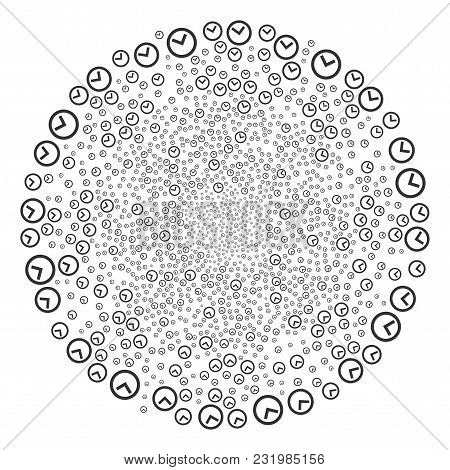 Clock Spiral Round Cluster. Element Cyclone Organized From Random Clock Symbols. Vector Illustration