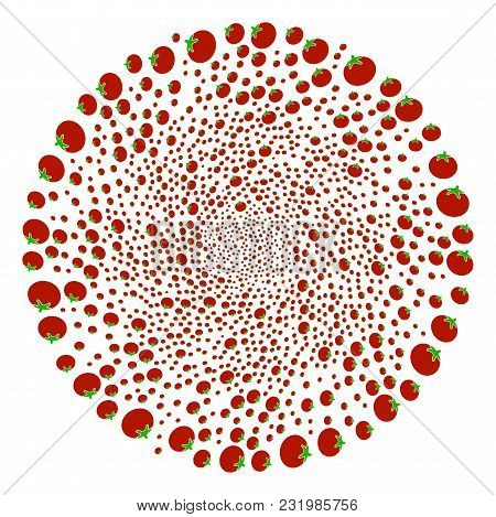 Tomato Vegetable Spiral Spheric Cluster. Object Curl Created From Random Tomato Vegetable Symbols. V