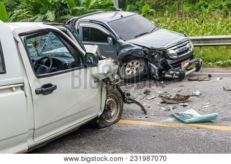 Nan, Thailand - Oct 25 : Undefined Car Crash Accident On The Street Of Mountain On October 25, 2016 