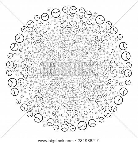 Clock Cycle Rotation. Object Twist Combined From Scatter Clock Symbols. Vector Illustration Style Is