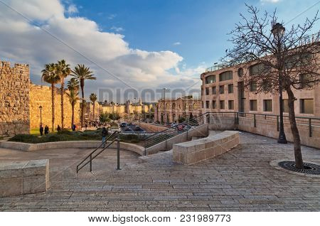 JERUSALEM, ISRAEL - DECEMBER 29, 2016: National park on HaTsanhanim street near the walls of the old city in Jerusalem near the Jaffa gate and New Gate 