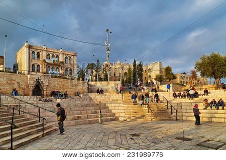 JERUSALEM, ISRAEL - DECEMBER 29, 2016: Damascus gate, nord entrance in old part of Jerusalem. Gate was built in 1537 by Suleiman the Magnificent with repairs to the turrets made in 2011 by Israel.