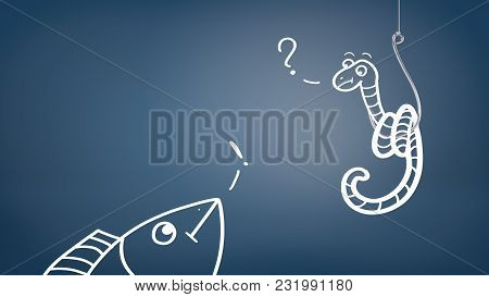 A White Drawing Of A Fish Trying To Catch A Worm On A Hook With An Exclamation And A Question Signs 