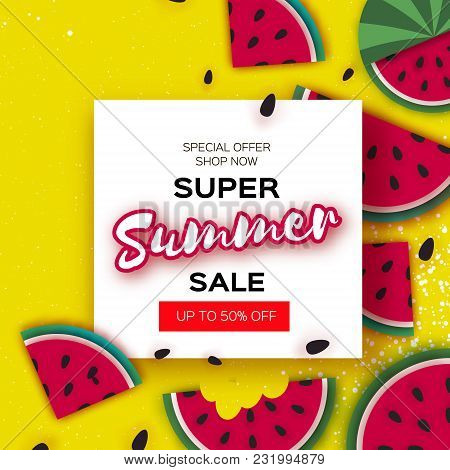 Watermelon Super Summer Sale Banner In Paper Cut Style. Origami Juicy Ripe Watermelon Slices. Health