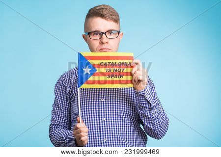 Man With Pro-independence Flag. Referendum For The Separation Of Catalonia From Spain Concept.