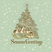 Vintage Christmas Card . Beautiful Christmas tree illustration