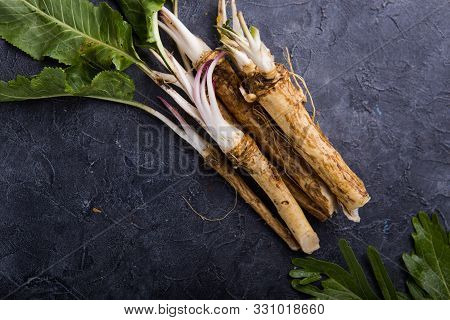 Horseradish. Fresh Orgaanic Horseradish Or Horse-radish Root On Wooden Cutting Board.  Top View