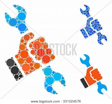 Repair Mosaic Of Circle Elements In Various Sizes And Color Hues, Based On Repair Icon. Vector Round