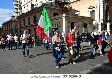 Rome, Italy. October 12, 2019. Demonstrators Against The Euro And The European Union Asking For Ital