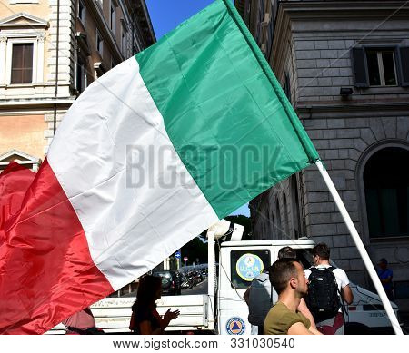 Rome, Italy. October 12, 2019. Demonstrators Against The Euro And The European Union Asking For Ital