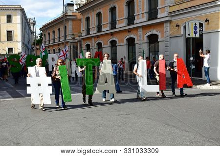 Rome, Italy. October 12, 2019. Demonstrators Against The Euro And The European Union Asking For Ital