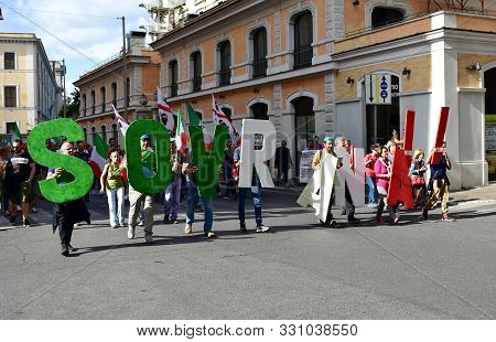 Rome, Italy. October 12, 2019. Demonstrators Against The Euro And The European Union Asking For Ital