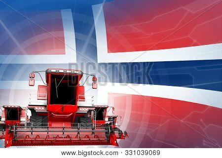 Farm Machinery Modernisation Concept, Red Modern Wheat Combine Harvesters On Norway Flag - Digital I