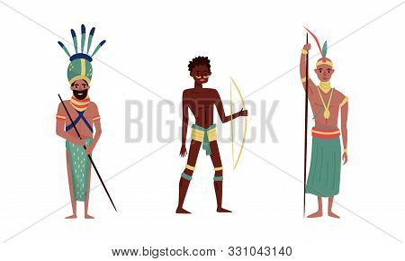 Aboriginal Men With Traditional Weapons. Vector Illustration On A White Background.