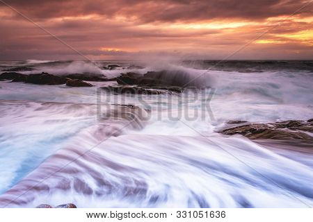 Big Swell And Large Waves Flow Into The Ocean Tidal Pools Just After Sunrise The Motion Of The Flows