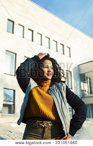 Young Pretty Afican American Girl Happy Smiling On City Background, Lifestyle People Outside
