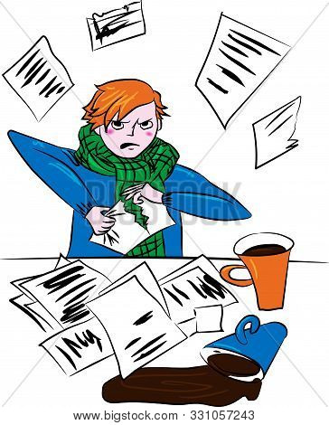 Emotion Angry Woman Tearing Paper Or Documents. Vector