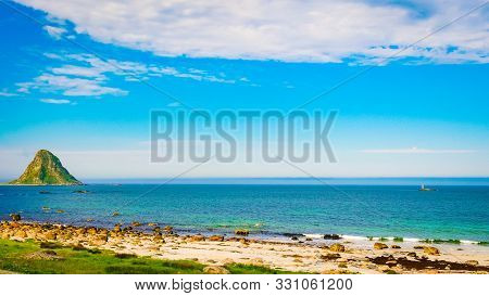 Seascape, Sea Coast And Island Bleiksoya In The Distance, Resort Bleik Andoya Norway. Vesteralen Arc