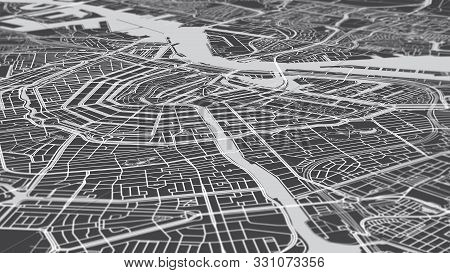 Aerial View City Map Amsterdam, Monochrome Detailed Plan Streets And Canals, Urban Grid In Perspecti