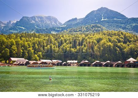 Konigssee Alpine Lake Wooden Village Coastline And Beach View, Berchtesgadener Land, Bavaria, German