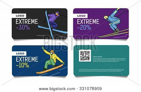 Set Of Cards, Discount Vouchers For Ski Pass Or Advertisong With Colorful Illustrations Of Skier And