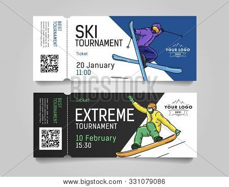 Admission Tickets For Extreme Winter Sports Tournament Or Competition Invitation With Skier And Snow