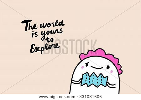 The World Is Yours To Explore Hand Drawn Vector Illustration In Cartoon Comic Style Man Holding Map