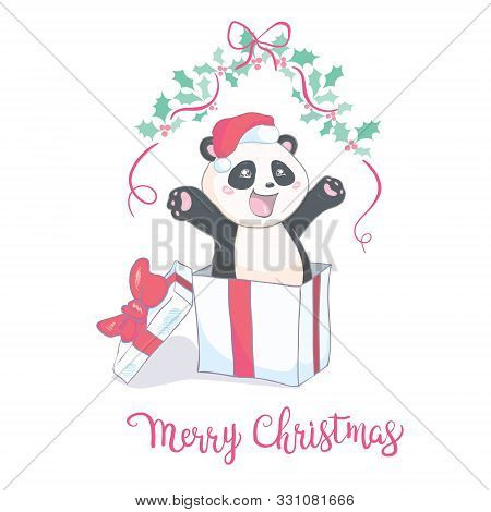 Cute Christmas Cartoon Panda Bear Character In Santa's Hat With Pompon Vector Image Isolated On Whit