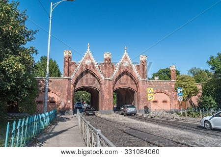 Kaliningrad, Russia - August 4, 2019: Neogothic From 19Th Century Brandenburg Gate.