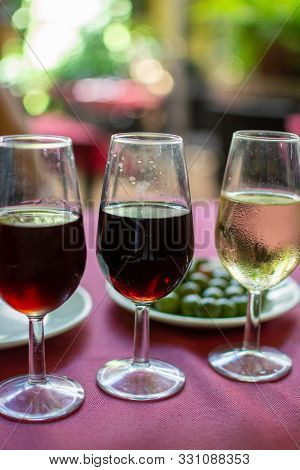 Sherry Wine Tasting, Selection Of Different Jerez Fortified Wines From Dry To Very Sweet In Glasses,