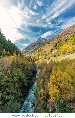 View To The Wildspitze Mountain At The Venter Ache Valley Near Winterstall With Beautiful Coloured T