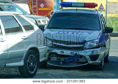 Astrakhan, Russia - June 15, 2019: Police Car Got Into An Accident At The Crossroads