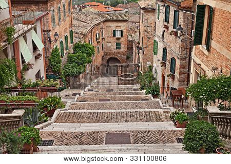 Corinaldo, Ancona, Marche, Italy: The Long Staircase In The Downtown Of The Beautiful Ancient Italia