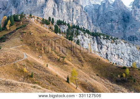 Empty Hiking Trail On The Dolomiti Mountains At Passo Gardena Area In Autumn, Itlay, South Tyrol.