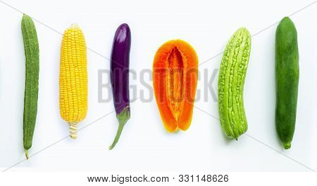 Fruit And Vegetables. Luffa Acutangula, Corn, Eggplant, Papaya, Bitter Melon,  Green Papaya On White