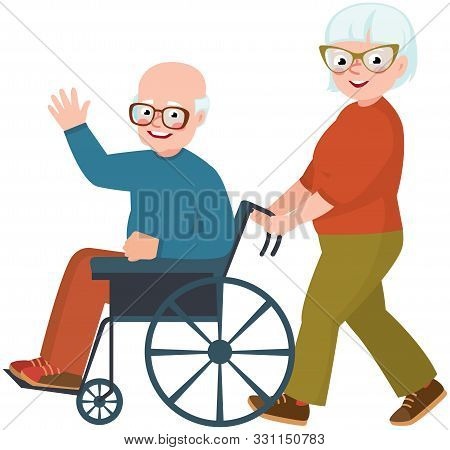 Elderly Couple Husband And Wife. Cheerful Old Man In A Wheelchair Vector Illuastration