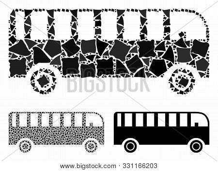 Bus Mosaic Of Rugged Elements In Different Sizes And Shades, Based On Bus Icon. Vector Inequal Eleme
