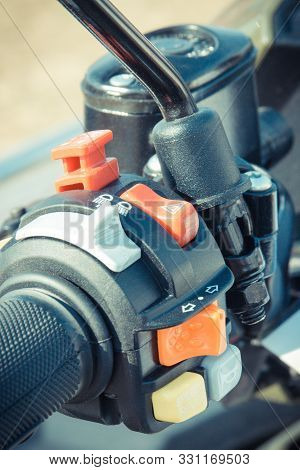 Operating Control Panel With Buttons In Quad, Motorcycle Or Industrial Machinery. Detail Of Vehicle