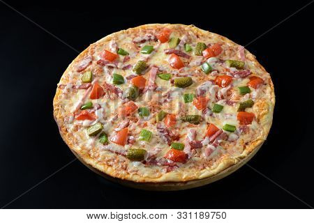Classic Ham Pizza Isolated On Black Background