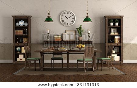 Dining Room In Rusic Style With Old Wooden Table With Chairs And Bookcase - 3d Rendering