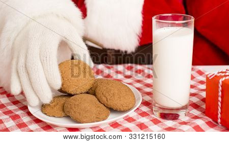 Tasty Gratitude. Christmas Cookies And Glass Of Milk Preparing For Santa Dinner, Panorama