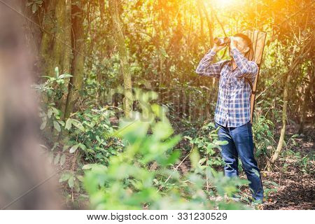 Ird Watching And Hiking Trail In The Forest. Outdoor Activity And Recreation On Summer Vacation. Tou
