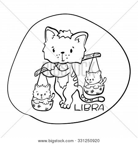 Libra Astrological Zodiac Sign With Cute Cat Character. Libra Vector Illustration On White Backgroun